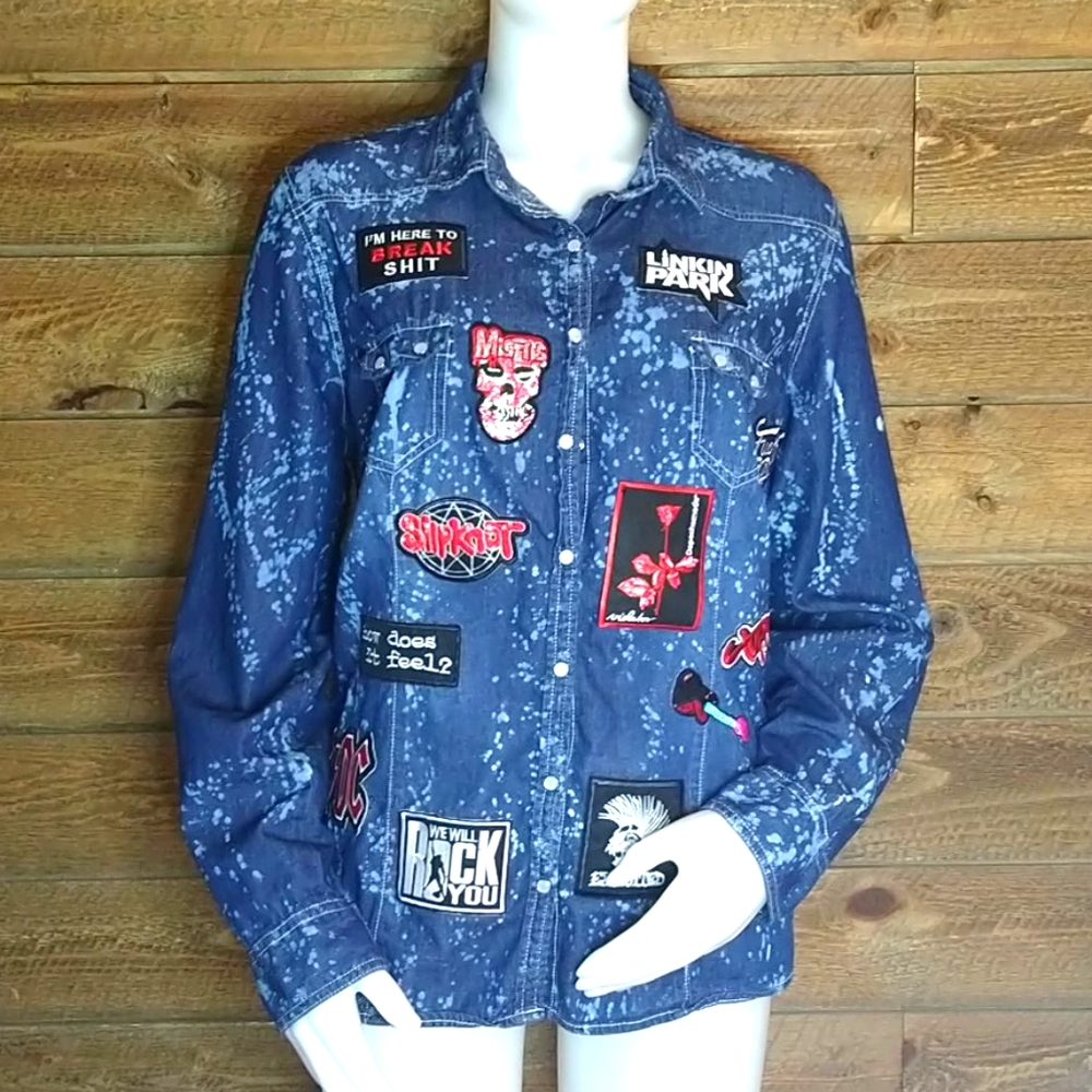 Punk Rock Customized Bleach Treated Denim Shirt